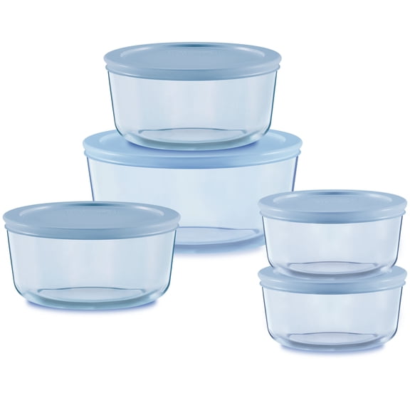 Pyrex Simply Store Tinted 10-Piece Round Glass Storage Set with 2c/4c/7c and Airtight Lids, Blue