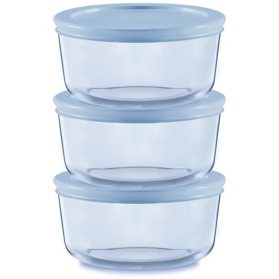 Pyrex Simply Store Tinted 6-Piece Round Glass Storage Set with 2-Cup Containers and Airtight Lids, Blue