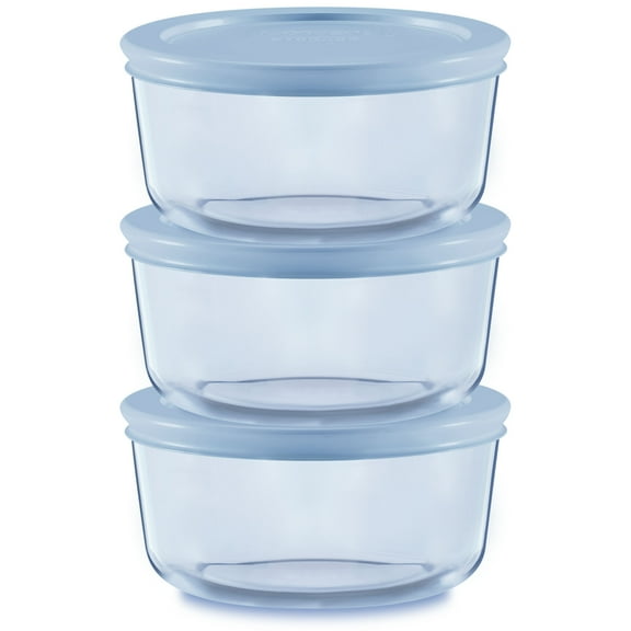 Pyrex Simply Store Tinted 6-Piece Round Glass Storage Set with 2-Cup Containers and Airtight Lids, Blue