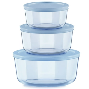 Pyrex Simply Store Tinted 6-Piece Round Glass Storage Set with 2c/4c/7c and Airtight Lids, Blue