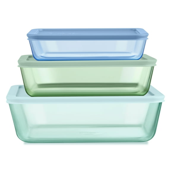 Pyrex Simply Store Tinted 6-piece Rectangle Storage Set with Plastic Lids, Green/Blue/Aqua