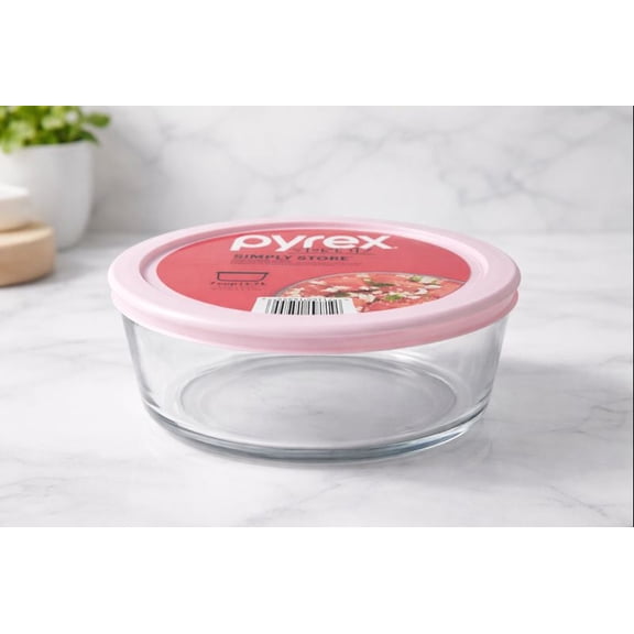 Pyrex Simply Store Tinted Glass 7-Cup Round Storage Container with Lid Pink