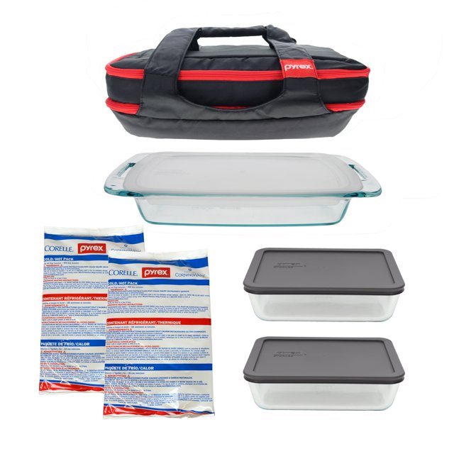 Pyrex Tote Bundle with Glassware, Clear and Gray Lids, and Hot/Cold