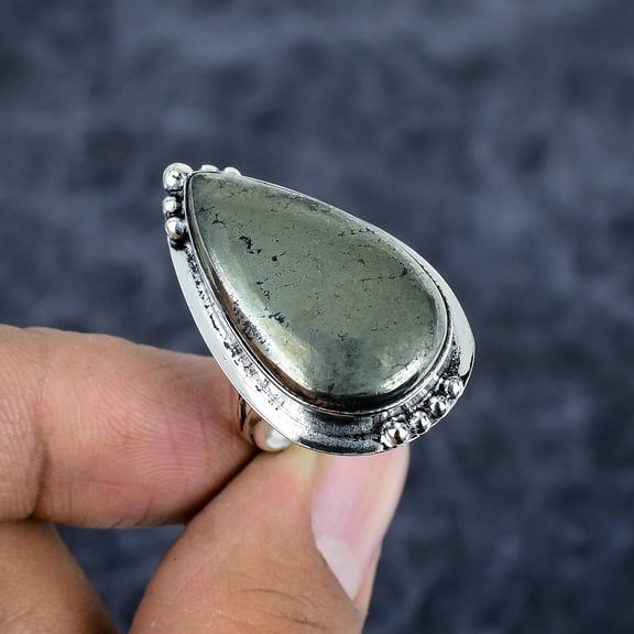 Pyrite Agate Gemstone Handmade 925 Sterling Silver Ring Size 9