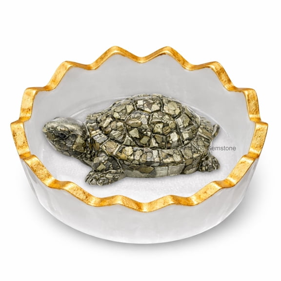 Pyrite Crystal Tortoise with Selenite Bowl Feng Shui Wealth & Luck Decor for Home & Office
