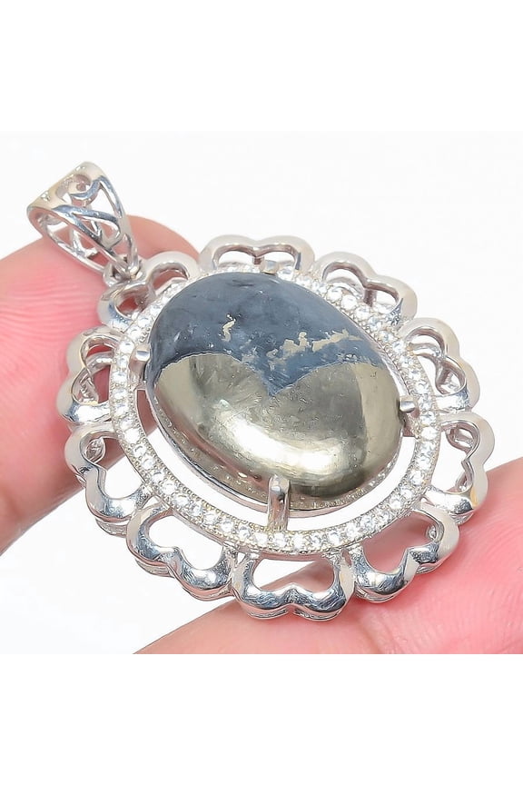 Pyrite In Magnetite & Cz 925 Sterling Silver Jewelry Pendant 1.6" T64, Iron Pyrite Pendant, Christmas Gift, New Year Sale, Gemstone Silver Jewelry
