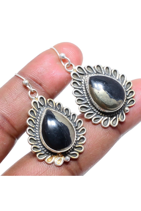 Pyrite In Magnetite Solid 925 Sterling Silver Earring 1.62" T84, Handmade Jewelry, Dangle Earring