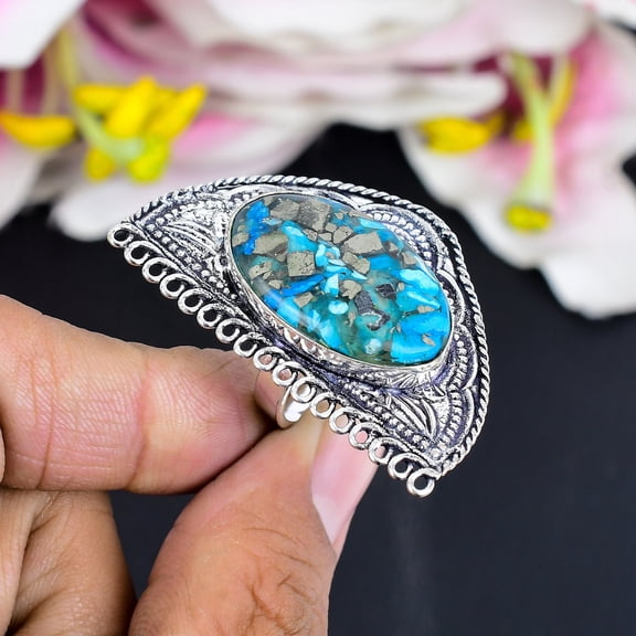 Pyrite In Turquoise Gemstone Handmade 925 Sterling Silver Ring Size 9