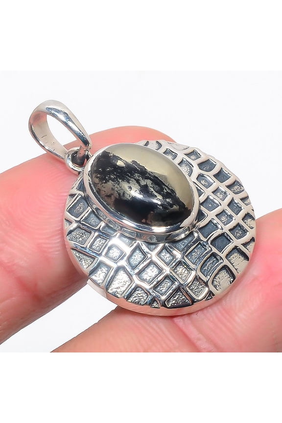 Pyrite Magnesite & Solid 925 Sterling Silver Textured Pendant 1.40" (SP257-19)
