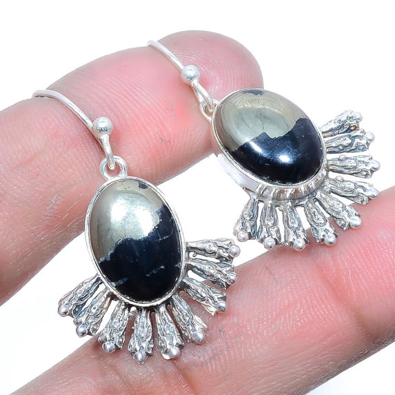 Pyrite In Magnetite 925 Sterling Silver Earring 1.38", Iron Pyrite Earring, Drop Dangle Earring, Black Earring, Gift for her, Elegant Earring, Gemston