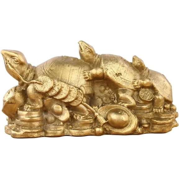 Pyrite Turtle, Three-Generation Turtle Statue, Brass Figurines Feng Shui Decor for Home Office Desk Shelf Entryway, Gold, 4.21 Inch (10.7cm)