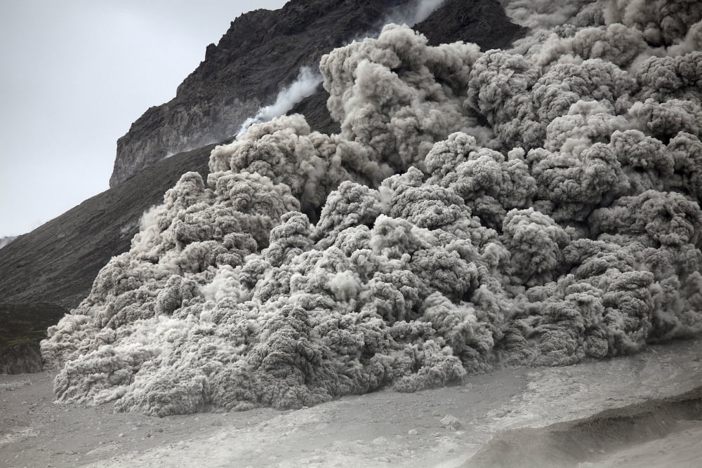 Pyroclastic flow descending the flank of Soufriere Hills volcano Montserrat Caribbean Canvas Art - Richard RoscoeStocktrek Images (35 x 23)