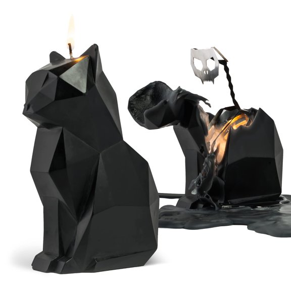 Pyropet Kisa Cat Candle with Skeleton Inside, Black, 20 to 25 Hour Burn, 6.7 x 2.9 x 4.5 in Sculptural Geometric Kitty and Creepy Cute Dcor, Unique Melting Christmas Gift for Cat Lovers Y101