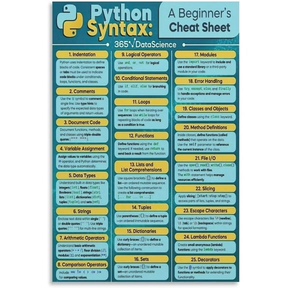 Python Cheat Sheet Computer Science Coding Beginners Guide Poster Canvas Poster (4) Canvas Art Poster And Wall Art Picture Print Modern Family Bedroom Decor Posters