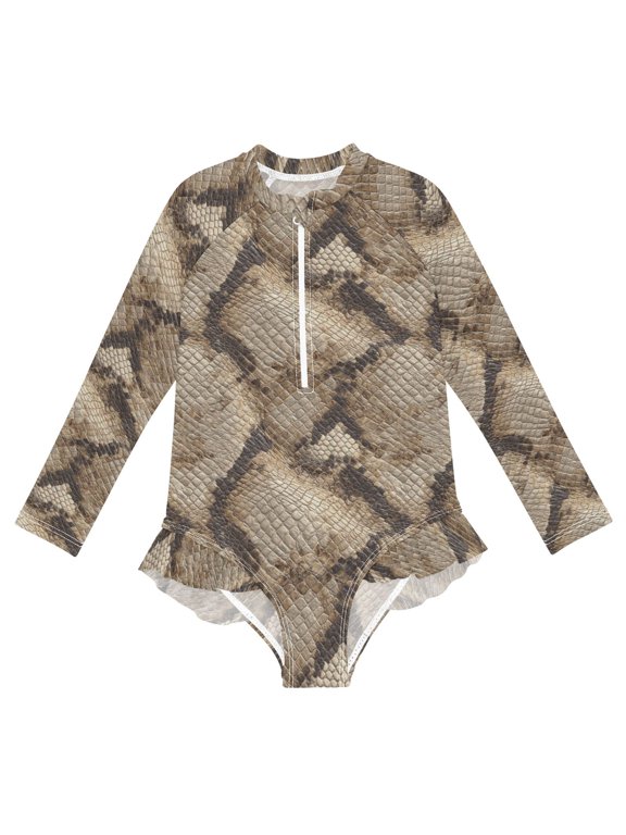 Python Skin One-Piece Swimsuit Long Sleeve UV Sun Protection UPF50+ Rashguard Front Zip Quick-Dry Swimwear for 3-12 Years