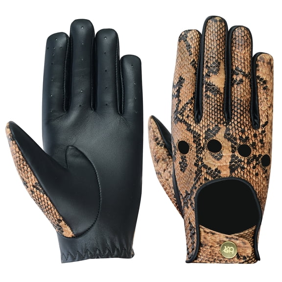 Python Snake Embossed Leather Driving Gloves Car Driving Full Finger Motorcycle Biker Riding Gloves Brown-S