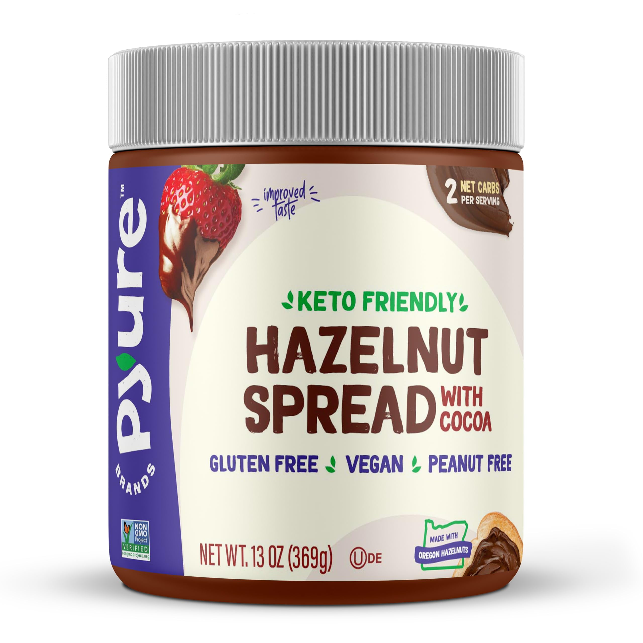 Pyure Hazelnut Spread TWE5with Cocoa 2 Net Carbs Keto Snack Gluten-Free, Peanut Free, Plant-Based Hazelnut Spread for Vegan Keto Friendly Food 13oz