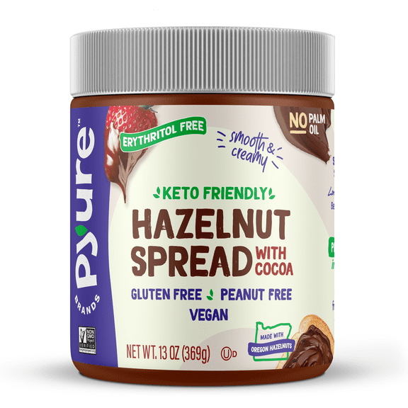 Pyure Keto Hazelnut Chocolate Spread | Sugar-Free, Low Carb, Vegan Nutella Alternative | 2g Net Carbs, Gluten-Free, Peanut-Free, Plant-Based, Non-GMO, Keto Snack, Vegan Sweets | 13 oz Jar