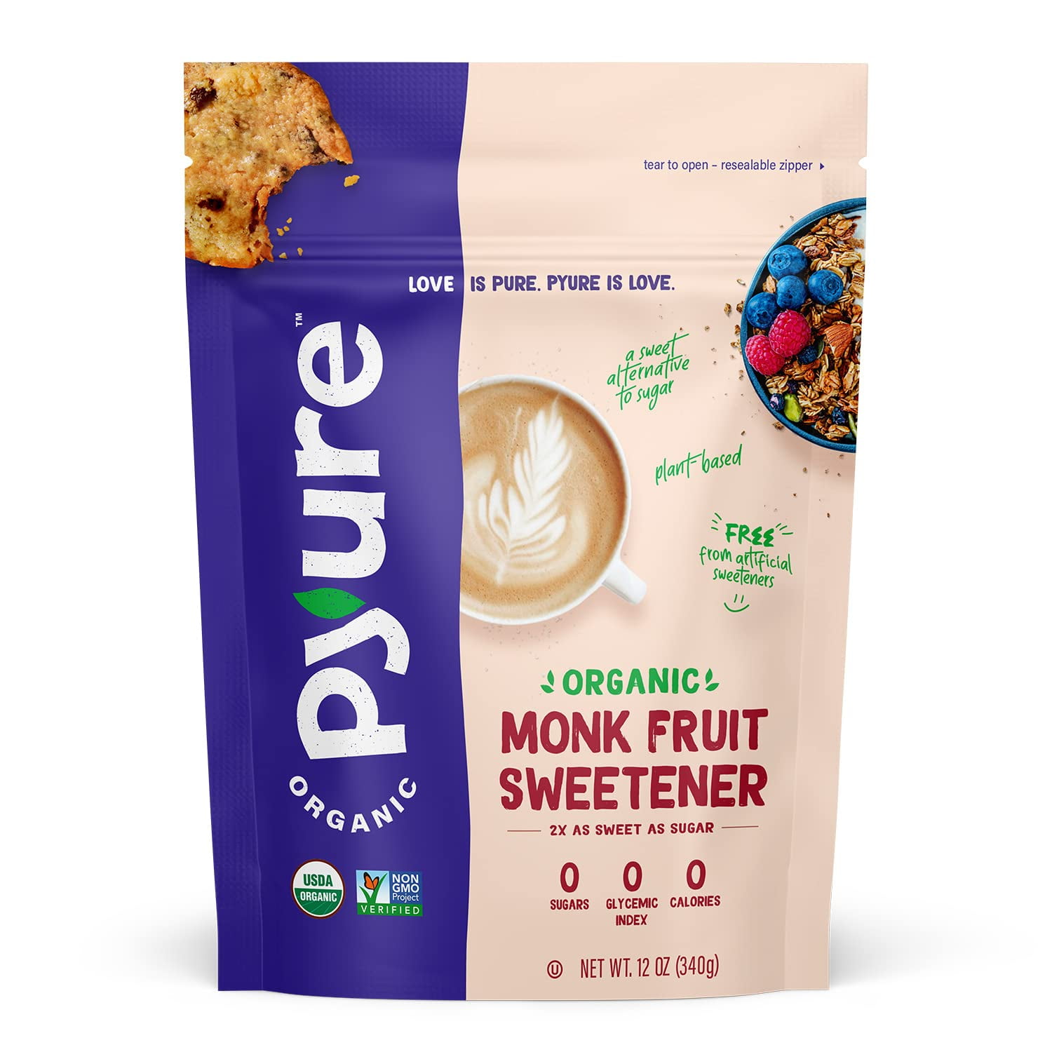 Pyure Organic Monk Fruit Sweetener Granulated White Sugar Substitute