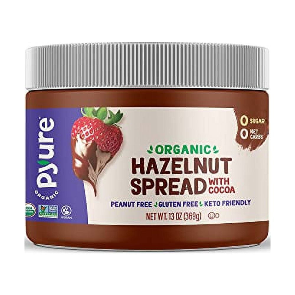 Pyure Organic Sugar Free Hazelnut Spread, Chocolate Hazelnut Spread, 0 Net Carbs Keto Snack, Gluten-Free, Peanut Free, Plant-Based Hazelnut Spread for Vegan Keto Friendly Food, 13oz