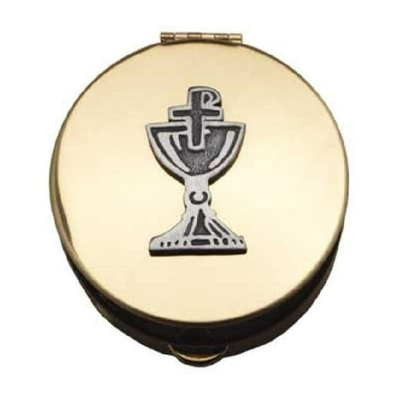 Pyx With Chalice and Chi-Rho Cross (PS122) - 2 1/8" Diameter, 1/2" Deep, Polished Brass
