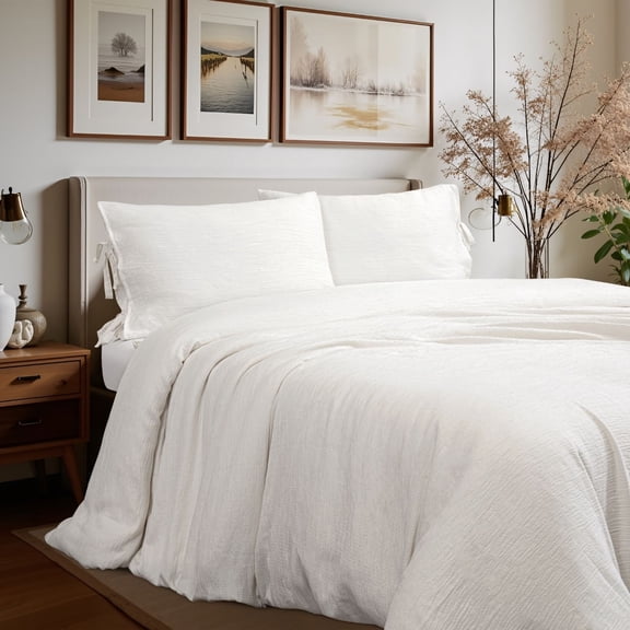 Pyxie Home 3-Piece Off-White Ivory Gauze Texture Duvet Sets, Full/Queen