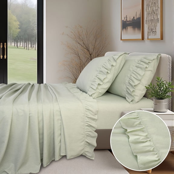 Pyxie Home Shabby Chic 4-Piece Green Stripe Sheet Sets, Queen - Ruffle