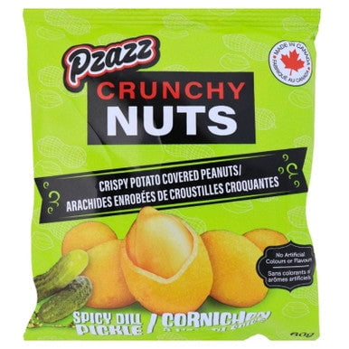 Pzazz Crunchy Nuts, Crispy Potato Covered Peanuts, Spicy Dill Pickle Flavored, 80g/3 oz