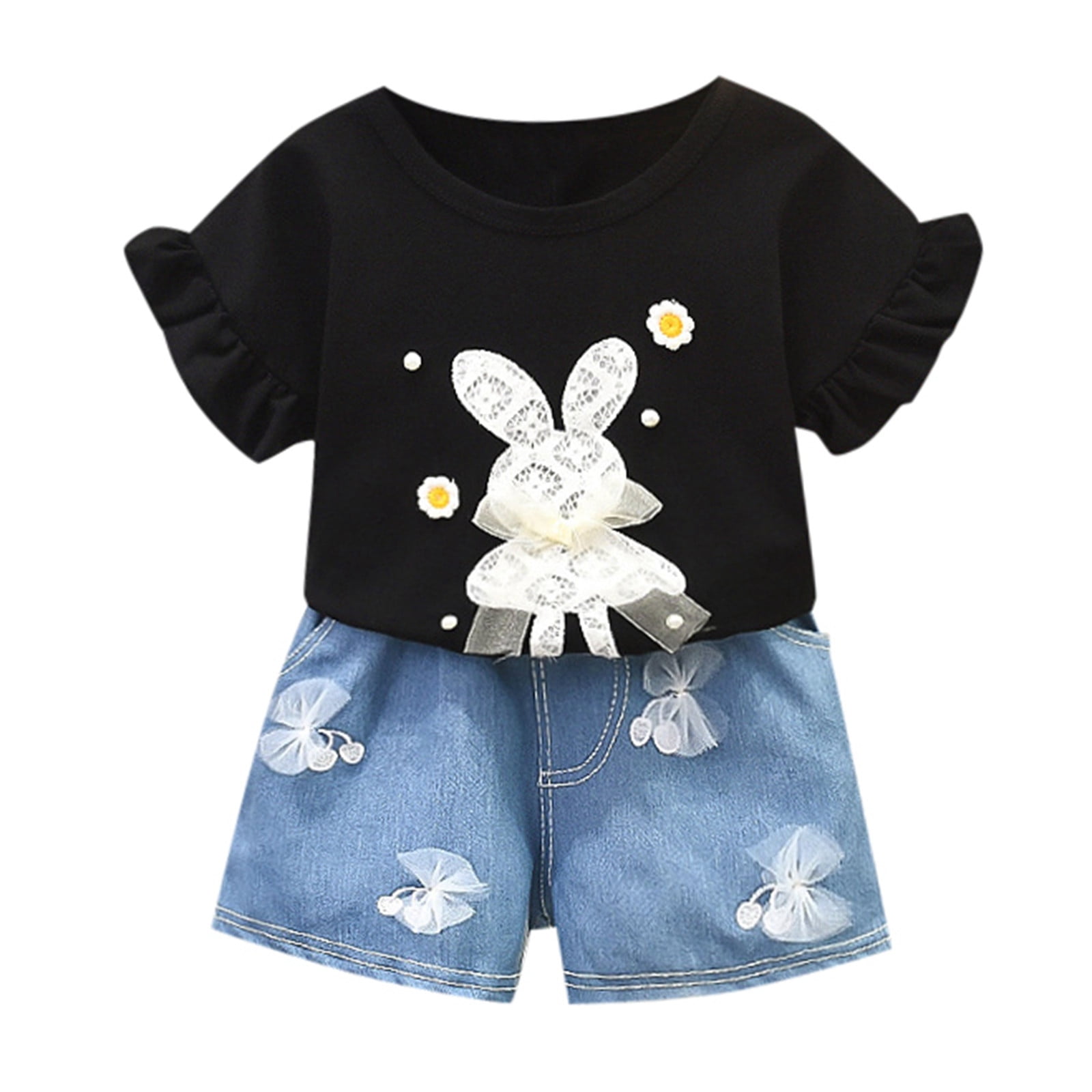 Pzocapte 4 Year Old Girl Birthday Gift Girls Summer Tops Toddler Girl Easter Clothes Baby Girl Summer Outfits Cute Bunny Bow Applique Shirts Tops Denim Shorts Set Little Girl Clothes Girls Size 10