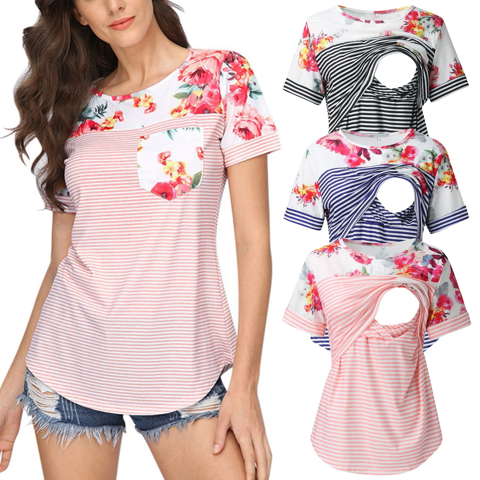 Maternity Striped Tees Nursing Tops Short leopard