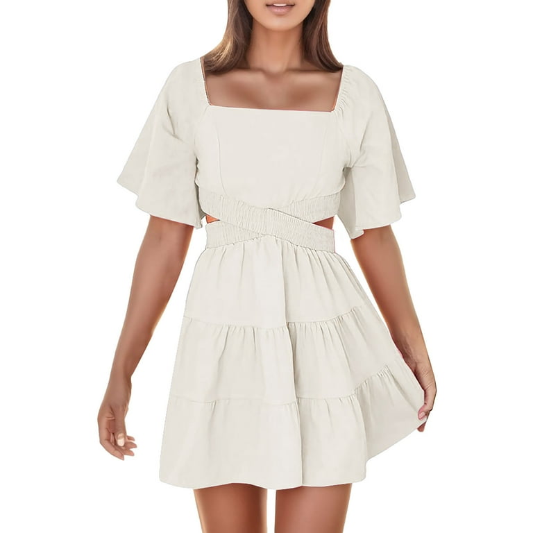 Pzocapte Spring Work Dresses White Spring Dresses for Women Loose Fitting Dress for Women Women s Solid Color Square Neck Double Waistless Dress with Bell Sleeves Short Sleeves Solid Color Layered Wal...
