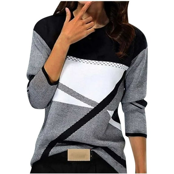 Pzocapte Women Size Tops Size Dress Shirts for Women Size Tunic Tops Women Fashion Casual O Neck Geometric Color Block Print Long Sleeves Top Geometric, Colorblocking, Round Neck Size Blouses for