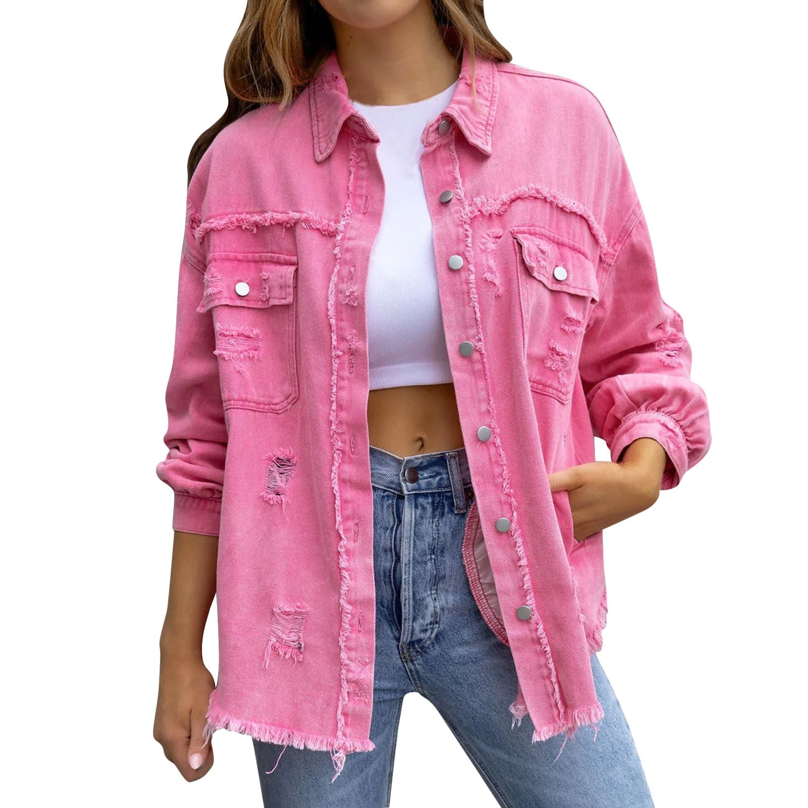 Pzocapte Women's Trendy Ripped Oversized Denim Jacket Casual Long ...