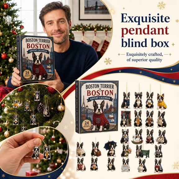 Pzsbry Christmas Boston Terrier Advent Calendar, 24 pcs 2D Acrylic City Theme Countdown for Xmas Tree