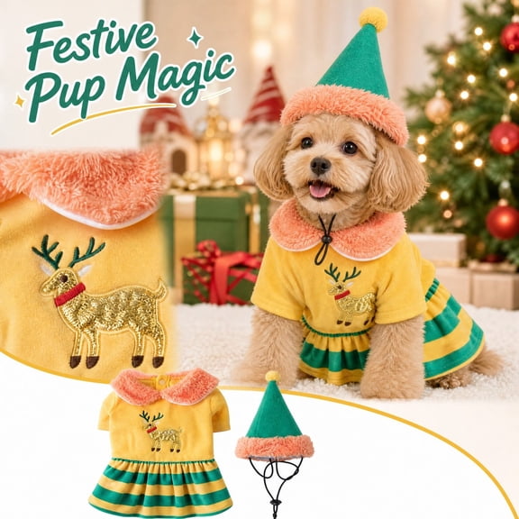 Pzsbry Christmas Pet Costume Outfit, Orange XL Polyester Half Glossy Cat & Dog Holiday Party Dress Up Clothes for Christmas Photo