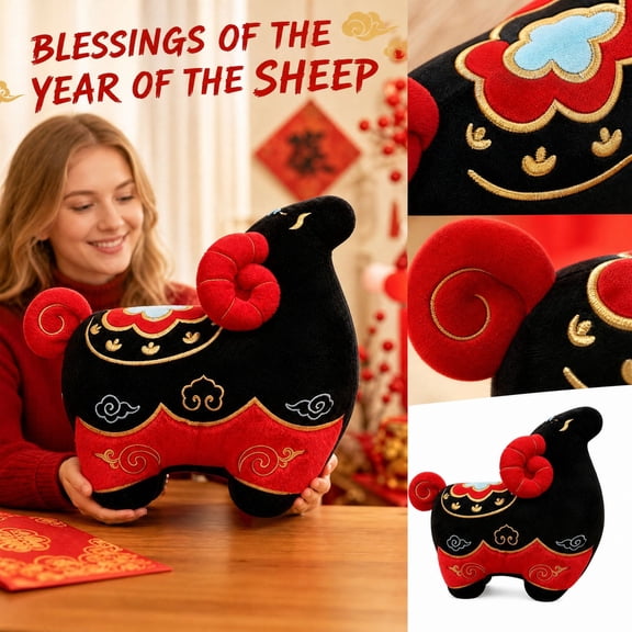 Pzsbry Lunar New Year 7.9 in Black Lucky Lamb Zodiac Plush Toy, Cartoon Doll for Indoor Tabletop & Spring Festival Party Decor