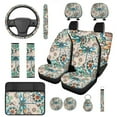 thumbnail image 1 of Pzuqiu 14 Pcs Auto Interior Covers Front Saddle Blanket Rear Split Bench Cover Steering Wheel Center Console Cushion Pad Shoulder Strap Pads Seat Headrest Coasters Keychain Bohemian Flower Dragonfly, 1 of 7