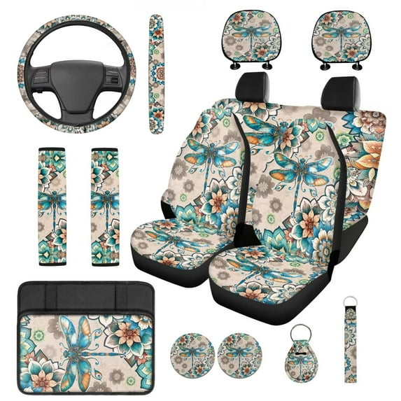 Pzuqiu 14 Pcs Auto Interior Covers Front Saddle Blanket Rear Split Bench Cover Steering Wheel Center Console Cushion Pad Shoulder Strap Pads Seat Headrest Coasters Keychain Bohemian Flower Dragonfly