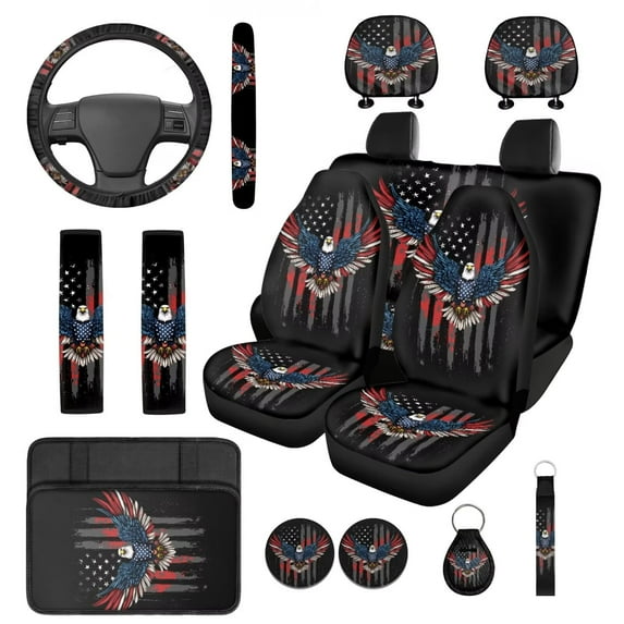 Pzuqiu 14 Pcs Auto Seat Cover Accessories Front Rear Car Seat Covers Steering Wheel Seat Belt Headrest Center Console Pad Coasters Chapstick Keychain Holder Wrist Lanyard Eagle American Flag Stylish