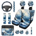 thumbnail image 1 of Pzuqiu 14 Pcs Automobile Interior Sets Front Rear Seat Covers for Cars Steering Wheel Seat Belt Headrest Cover Coasters Center Console Pad Keychain Gift for Women Blue Marble Texture Print Durable, 1 of 7