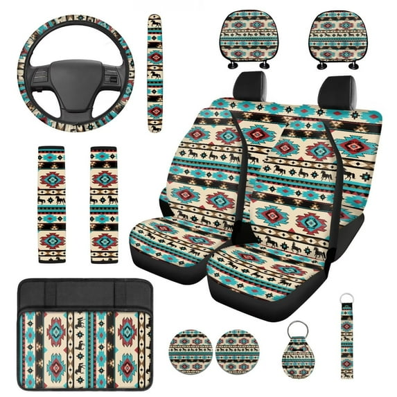 Pzuqiu 14 Pcs Automobile Interior Sets Front Rear Seat Covers for Cars Steering Wheel Seat Strap Pads Armrest Pad Headrest Covers Coasters Aztec Horse Fit Most SUV Van Sedan Truck