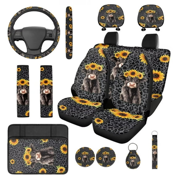 Pzuqiu 14 Pcs Automotive Seat Cover Accessories Cute Highland Cow Front Rear Car Seat Covers Steering Wheel Seat Belt Headrest Center Console Pad Coasters Chapstick Keychain Holder Keys Wrist Lanyard