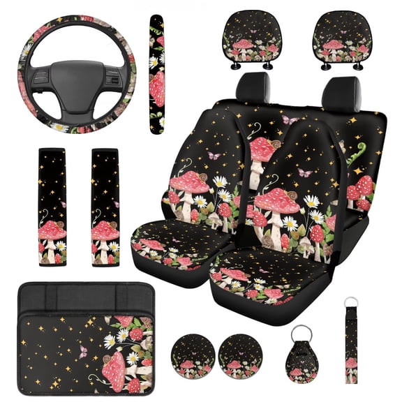Pzuqiu 14 Pcs Automotive Seat Cover Accessories Front Back Car Seat Covers Auto Steering Wheel Center Console Armrest Pad Seat Belt Headrest Coasters Keychain Easy Install Red Mushroom Daisy