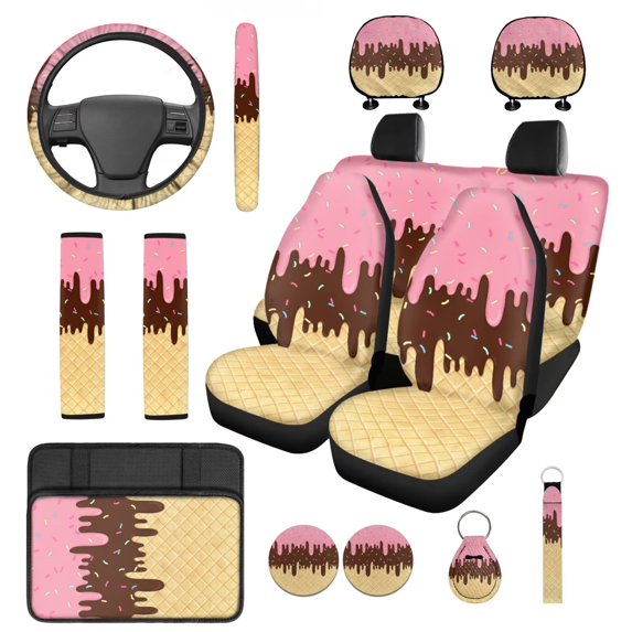 Pzuqiu 14 Pcs Automotive Seat Cover Accessories Ice Cream Pattern Front Back Car Seat Covers Auto Steering Wheel Center Console Cushion Pad Seat Belt Headrest Coasters Key Chain Breathable