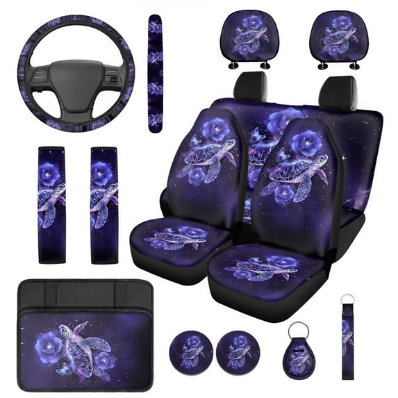 Pzuqiu 14 Pcs Automotive Seat Cover Accessories Purple Turtle Flower Galaxy Front Back Car Seat Covers Auto Steering Wheel Center Console Cushion Pad Seat Belt Headrest Coasters Key Chain Breathable