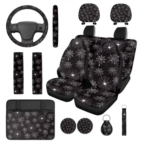 Pzuqiu 14 Pcs Automotive Seats Cover Accessories Spider Web Pattern Front Rear Car Seat Covers Steering Wheel Seat Belt Headrest Center Console Pad Coasters Keychain Holder Keys Wrist Lanyard