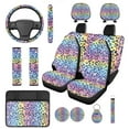 thumbnail image 1 of Pzuqiu 14 Pcs Colorful Leopard Print Automotive Seat Cover Accessories Front Rear Car Seat Covers Steering Wheel Seat Belt Headrest Center Console Pad Coasters Chapstick Keychain Holder Wrist Lanyard, 1 of 7
