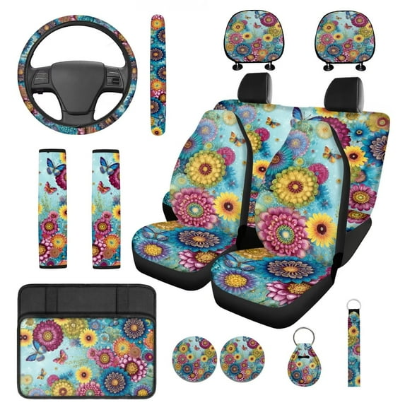 Pzuqiu 14 Pcs Front Rear Car Seat Cover Steering Wheel Seat Belt Headrest Coasters Center Console Pad Keychain Automotive Seat Cover Accessories Decor Gift for Women Boho Floral Butterfly