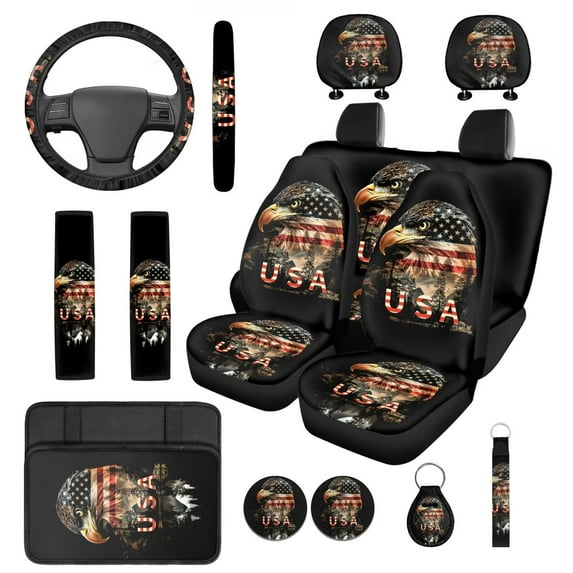 Pzuqiu 14 Pcs Front Rear Car Seat Cover Steering Wheel Seat Belt Headrest Coasters Center Console Pad Keychain Automotive Seat Cover Accessories Decor Gift for Men Eagle USA