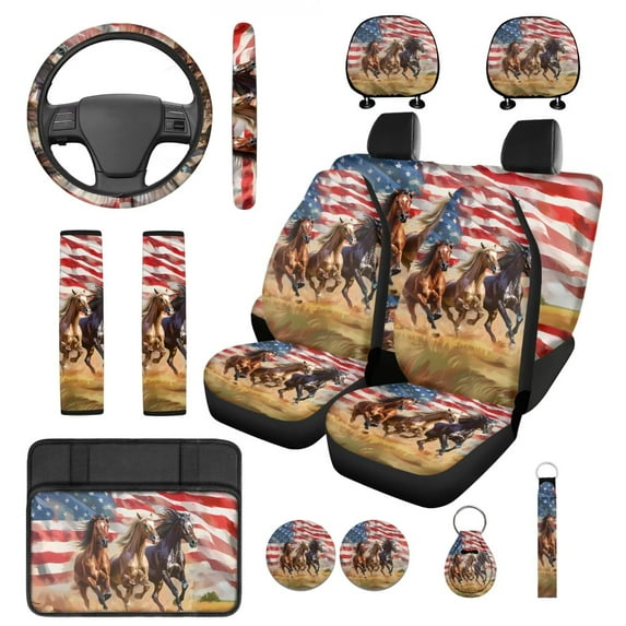 Pzuqiu 14 Pcs Front Rear Car Seat Cover Steering Wheel Seat Belt Headrest Coasters Center Console Pad Keychain Horse American Flag Automotive Seat Cover Accessories Gift for Men